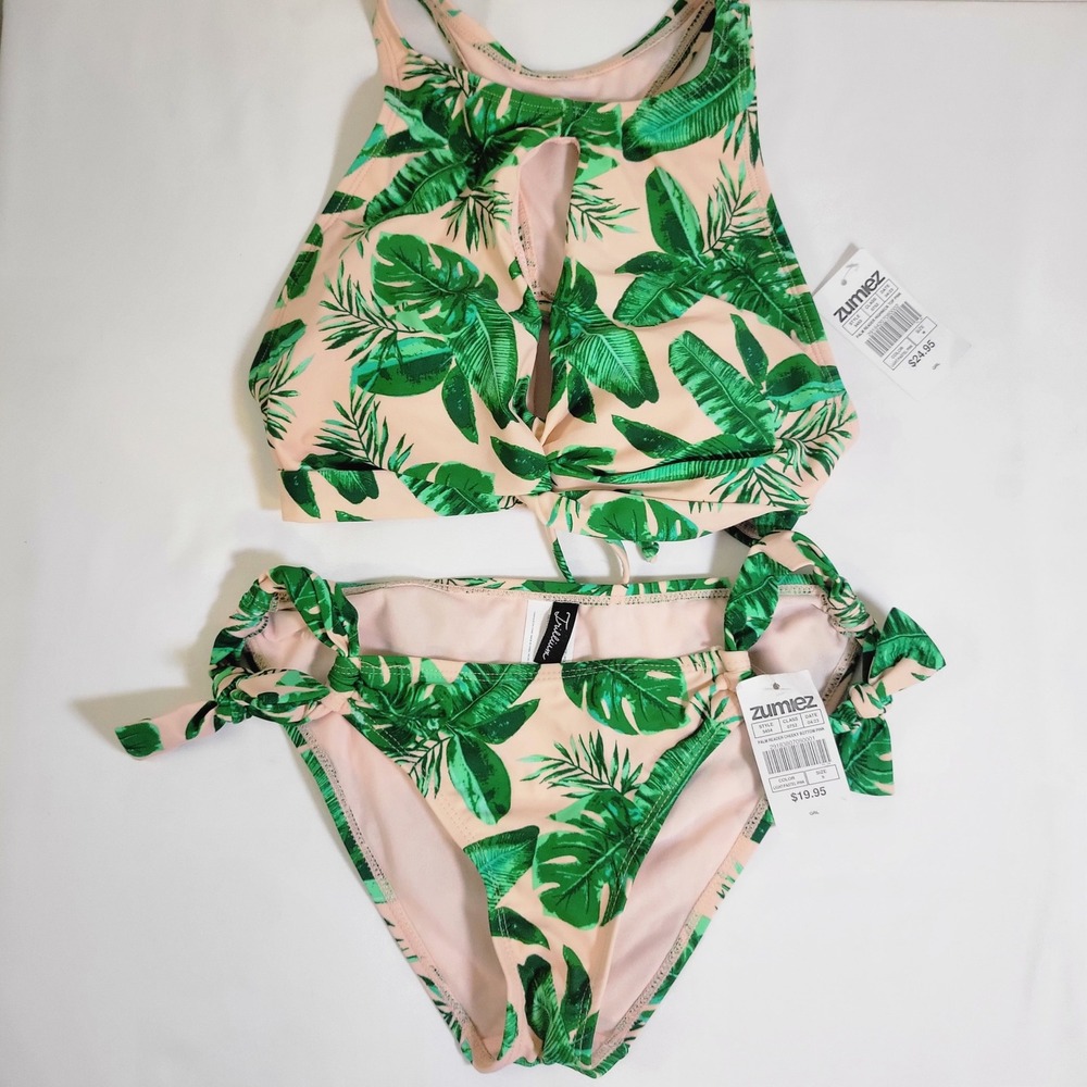 Trillium Zumiez Palm Reader Bikini Set Pink Green Tropical High Neck M Top S Btm